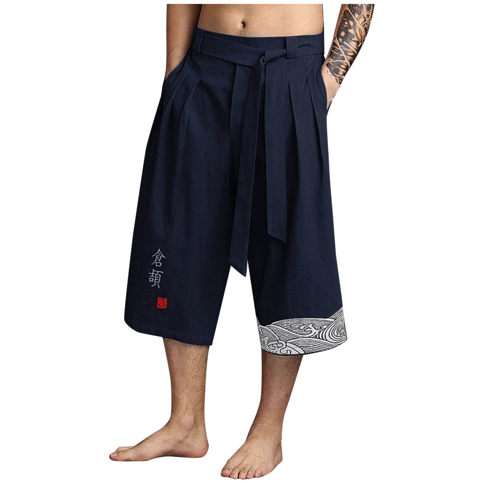 BVnarty Men's Japanese Kimono Traditional Linen Capri Pants Summer